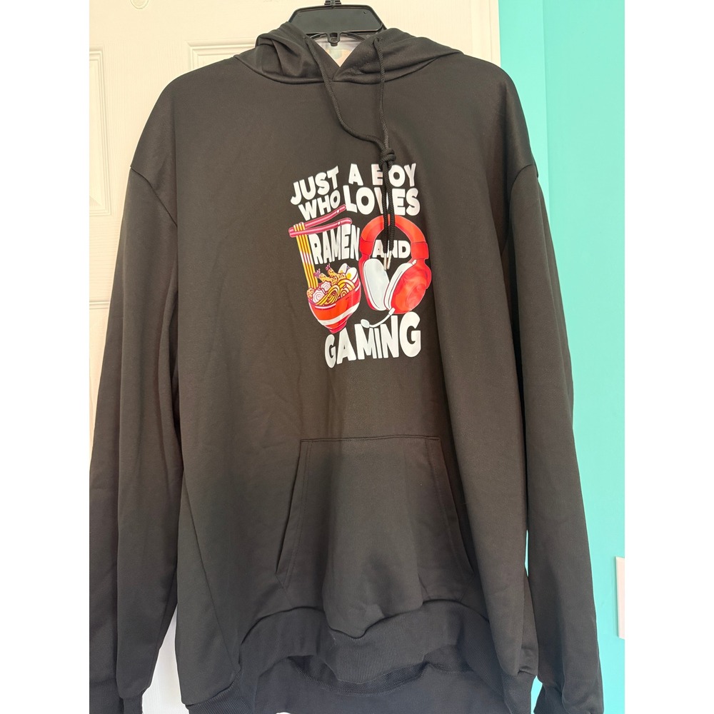 Just‎ a Boy Who Loves Ramen and Gaming Hoodie Black Graphic Sweatshirt Mens XL